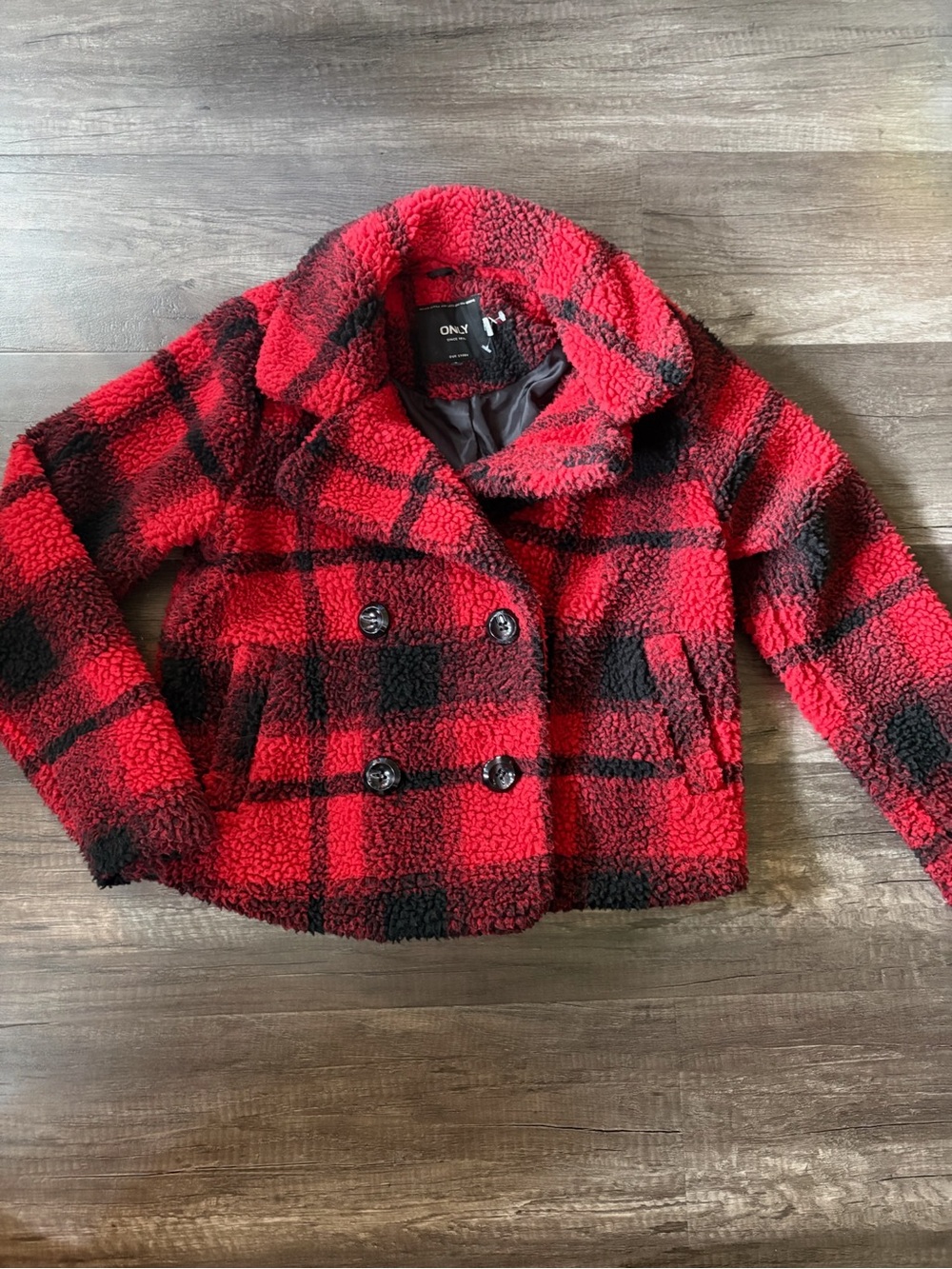 ONLY Red Black Buffalo Plaid Faux Shearling Sherpa Peacoat Jacket Small - Picture 2 of 7